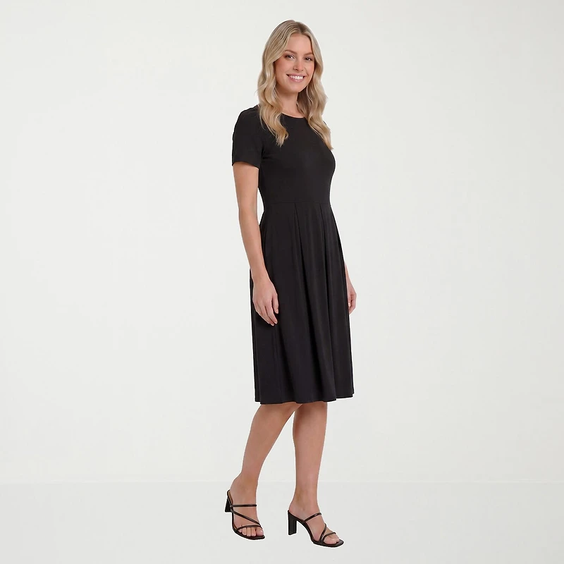 24seven Comfort Apparel Womens Midi Boat Neck Short Sleeve A-Line Dress