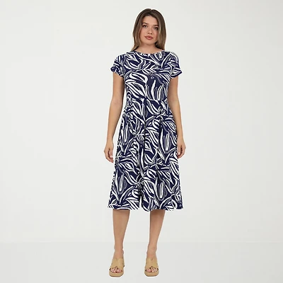24seven Comfort Apparel Womens Midi Boat Neck Short Sleeve Abstract Fit + Flare Dress