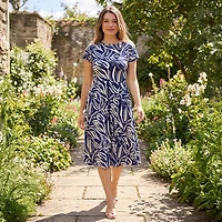 24seven Comfort Apparel Womens Midi Boat Neck Short Sleeve Abstract Fit + Flare Dress
