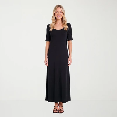 24seven Comfort Apparel Womens Scoop Neck Elbow Sleeve Maxi Dress