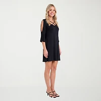 24seven Comfort Apparel Womens V Neck Elbow Sleeve Fit + Flare Dress