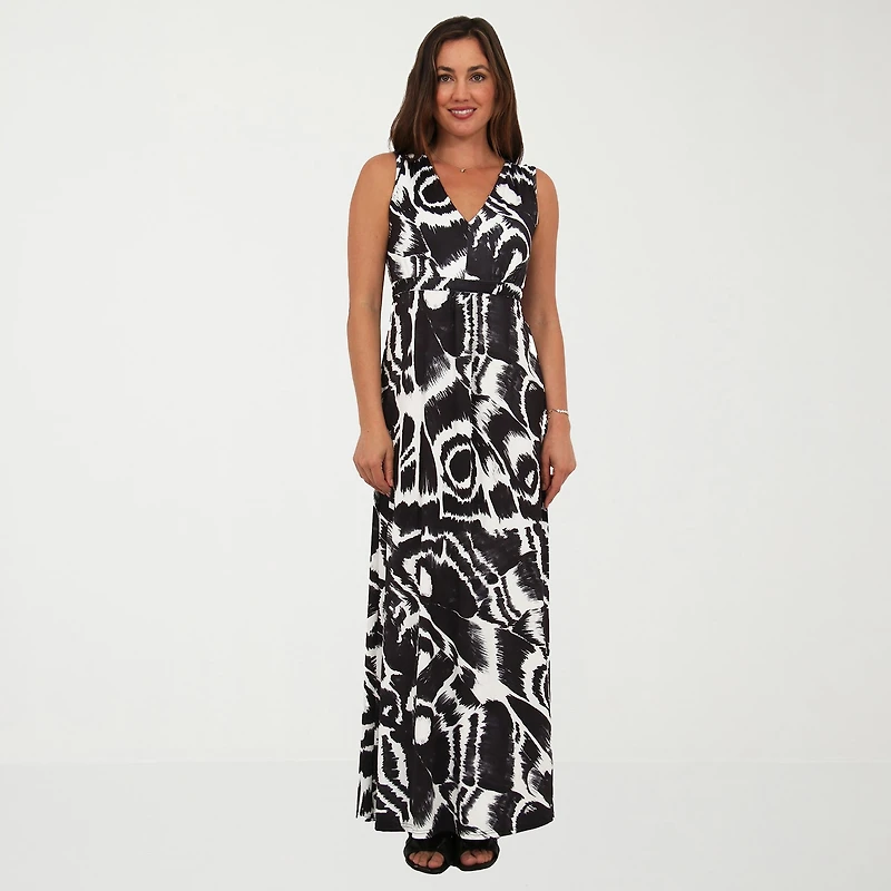 24seven Comfort Apparel Womens V Neck Sleeveless Paisley Empire Waist Dress