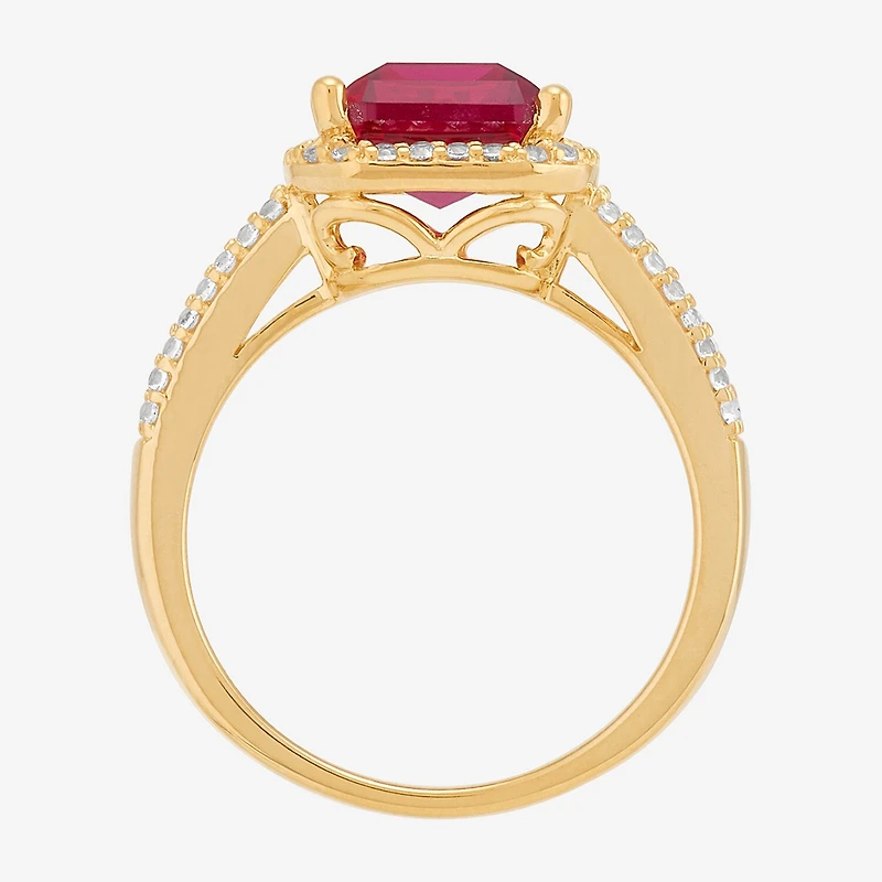 Womens Lab Created Red Ruby 14K Gold Over Silver Halo Side Stone Cocktail Ring