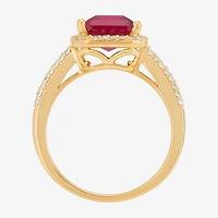 Womens Lab Created Red Ruby 14K Gold Over Silver Halo Side Stone Cocktail Ring