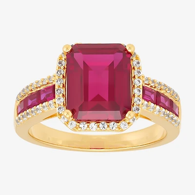 Womens Lab Created Red Ruby 14K Gold Over Silver Halo Side Stone Cocktail Ring