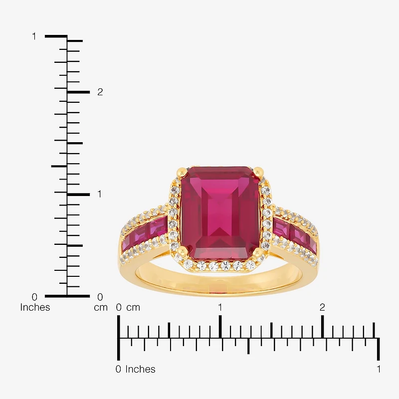 Womens Lab Created Red Ruby 14K Gold Over Silver Halo Side Stone Cocktail Ring