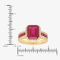 Womens Lab Created Red Ruby 14K Gold Over Silver Halo Side Stone Cocktail Ring