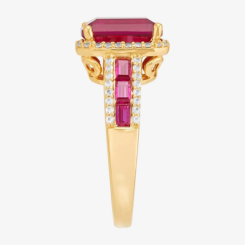 Womens Lab Created Red Ruby 14K Gold Over Silver Halo Side Stone Cocktail Ring