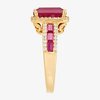 Womens Lab Created Red Ruby 14K Gold Over Silver Halo Side Stone Cocktail Ring
