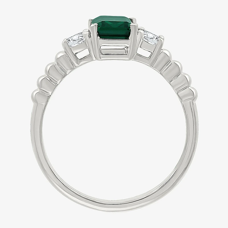 Womens Lab Created Green Emerald Sterling Silver 3-Stone Cocktail Ring
