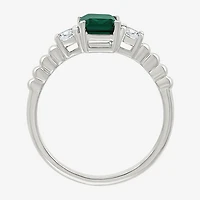 Womens Lab Created Green Emerald Sterling Silver 3-Stone Cocktail Ring