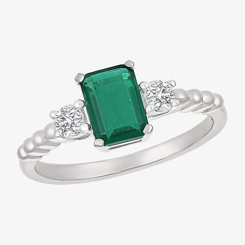 Womens Lab Created Green Emerald Sterling Silver 3-Stone Cocktail Ring