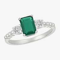 Womens Lab Created Green Emerald Sterling Silver 3-Stone Cocktail Ring