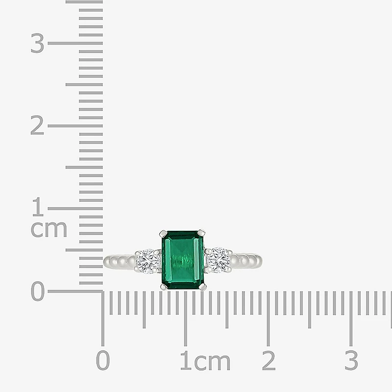 Womens Lab Created Green Emerald Sterling Silver 3-Stone Cocktail Ring