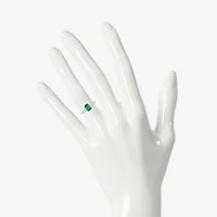 Womens Lab Created Green Emerald Sterling Silver 3-Stone Cocktail Ring