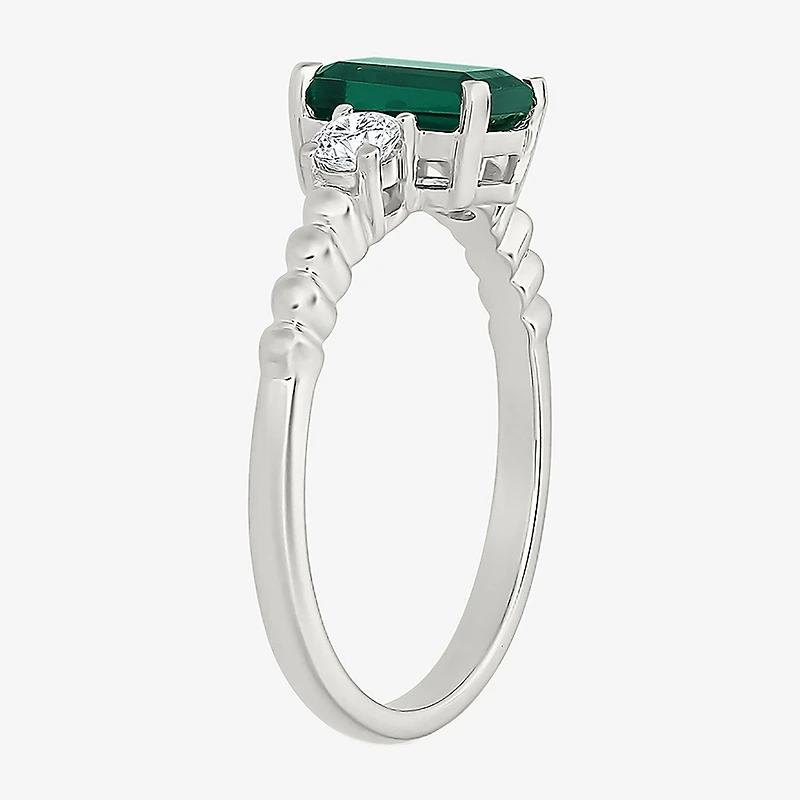 Womens Lab Created Green Emerald Sterling Silver 3-Stone Cocktail Ring