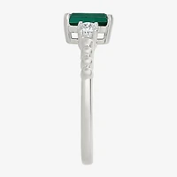 Womens Lab Created Green Emerald Sterling Silver 3-Stone Cocktail Ring