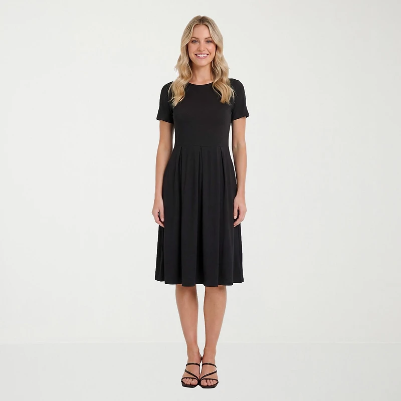 24seven Comfort Apparel Womens Midi Boat Neck Short Sleeve A-Line Dress