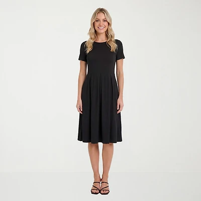 24seven Comfort Apparel Womens Midi Boat Neck Short Sleeve A-Line Dress