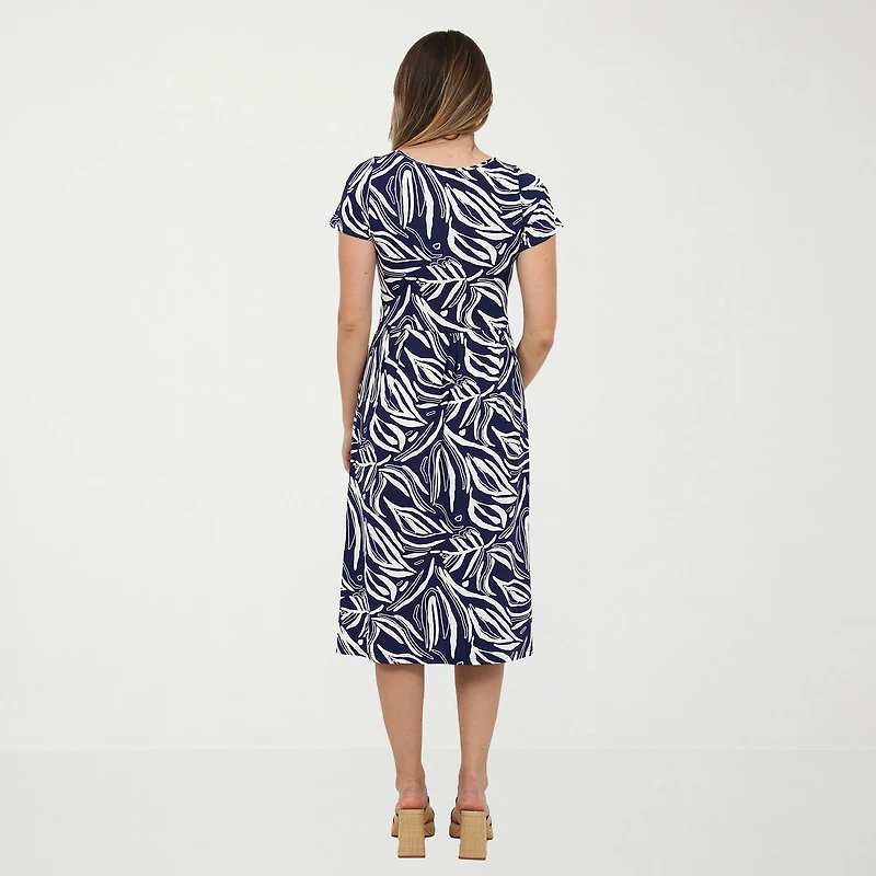 24seven Comfort Apparel Womens Midi Boat Neck Short Sleeve Abstract Fit + Flare Dress