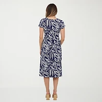 24seven Comfort Apparel Womens Midi Boat Neck Short Sleeve Abstract Fit + Flare Dress