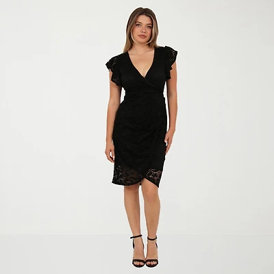24seven Comfort Apparel Womens Midi V Neck Short Sleeve Casual Bodycon Dress