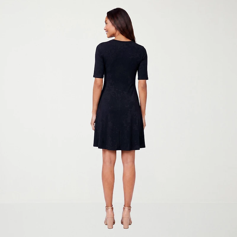 24seven Comfort Apparel Womens Scoop Neck Elbow Sleeve Fit + Flare Dress