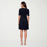 24seven Comfort Apparel Womens Scoop Neck Elbow Sleeve Fit + Flare Dress