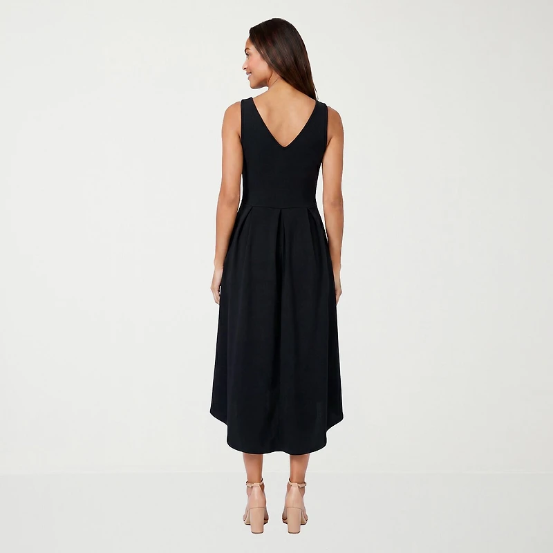 24seven Comfort Apparel Womens Midi V Neck Sleeveless Fit + Flare Dress