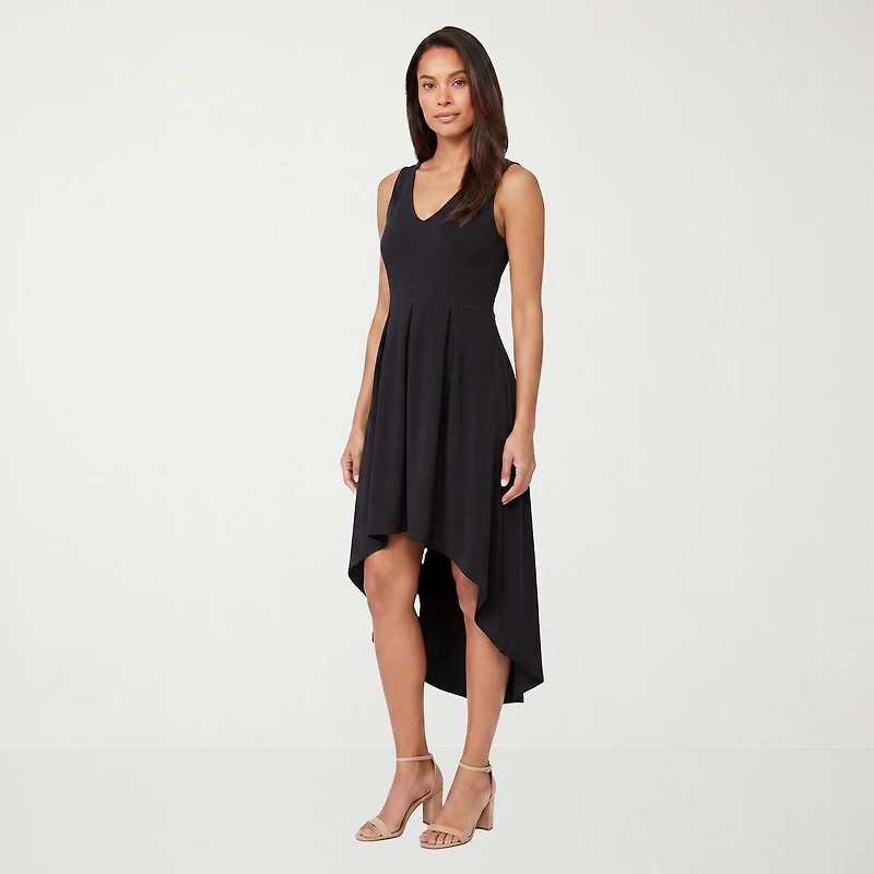 24seven Comfort Apparel Womens Midi V Neck Sleeveless Fit + Flare Dress