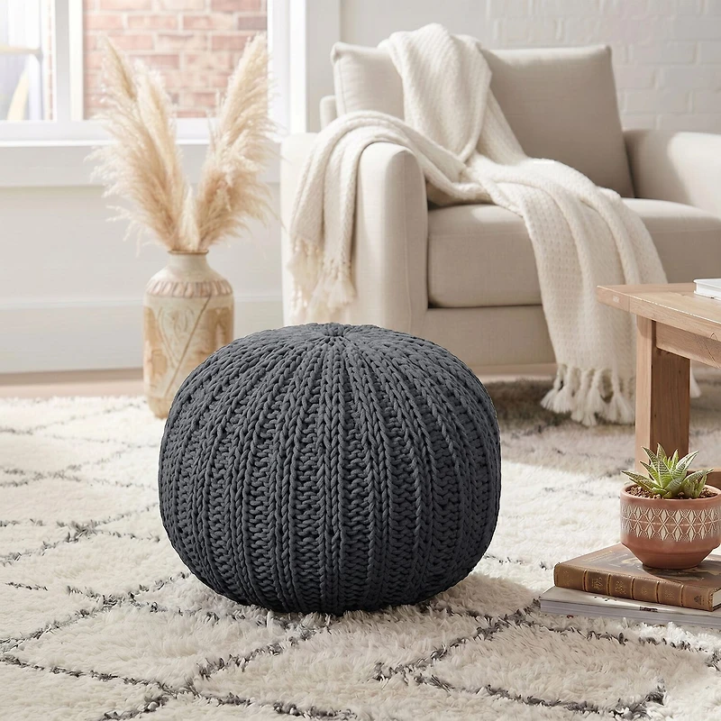 LR Home Montra 16" Handmade Cableknit Cotton Pouf