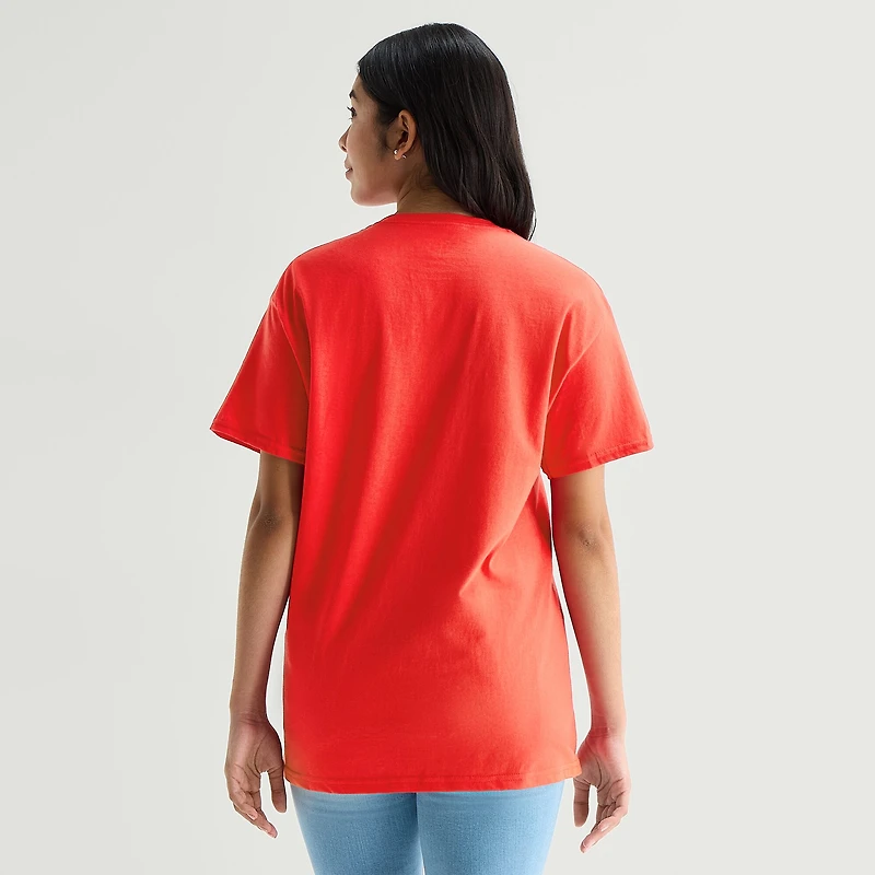 Womens Juniors Crew Neck Short Sleeve Oversized Cars Graphic T-Shirt