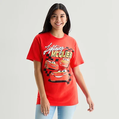 Womens Juniors Crew Neck Short Sleeve Oversized Cars Graphic T-Shirt