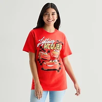Womens Juniors Crew Neck Short Sleeve Oversized Cars Graphic T-Shirt
