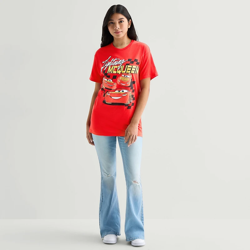 Womens Juniors Crew Neck Short Sleeve Oversized Cars Graphic T-Shirt