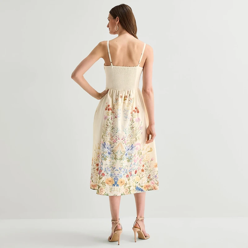 Melonie T Womens Midi Sweetheart Neck Sleeveless Floral Fit + Flare Dress