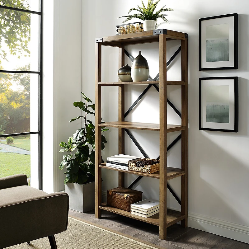Farmhouse Metal Accented Wood Bookcase