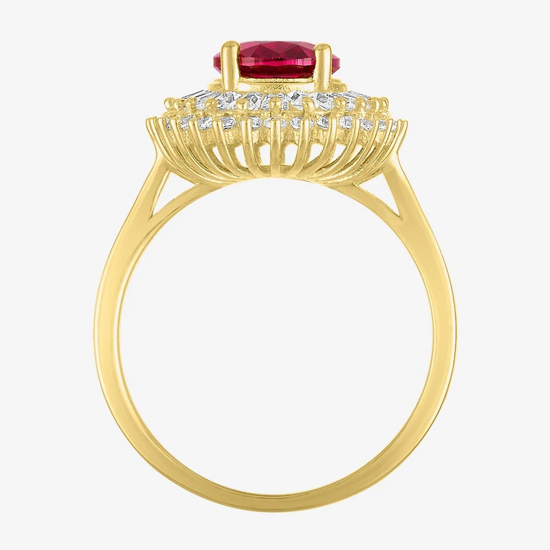 Womens Lab Created Red Ruby 14K Gold Over Silver Halo Side Stone Cocktail Ring