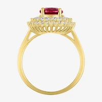 Womens Lab Created Red Ruby 14K Gold Over Silver Halo Side Stone Cocktail Ring
