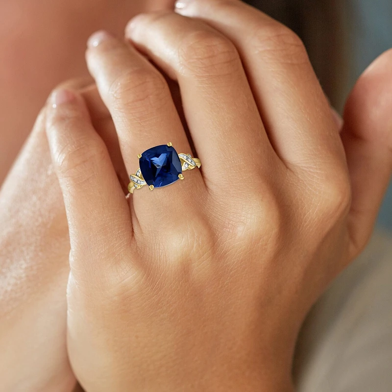 Womens Diamond Accent Gemstone 10K Gold Side Stone Cushion Cocktail Ring
