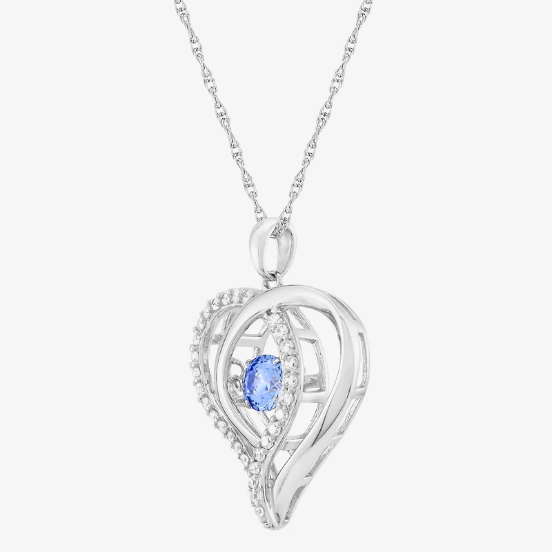 Womens Blue Cubic Zirconia Sterling Silver Heart 18 Inch Pendant Necklace
