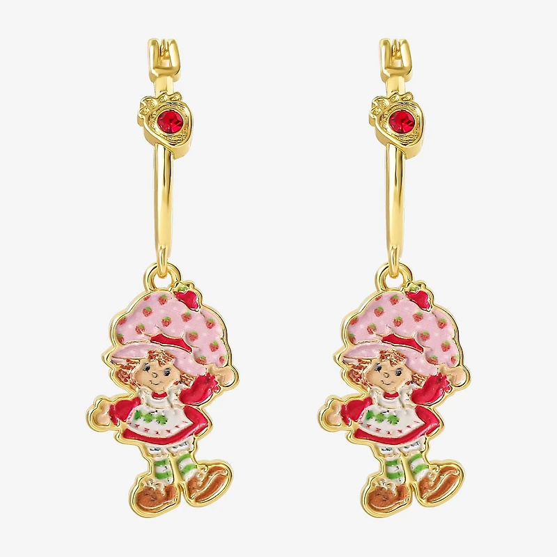 Strawberry Shortcake Womens Red Crystal 18K Gold Over Brass 38.2mm Round Strawberry Shortcake Hoop Earrings