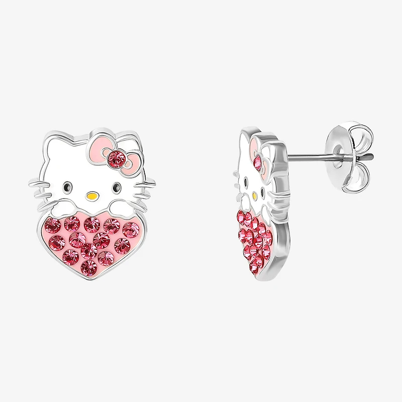 Pink Crystal 14mm Round Hello Kitty Stud Earrings