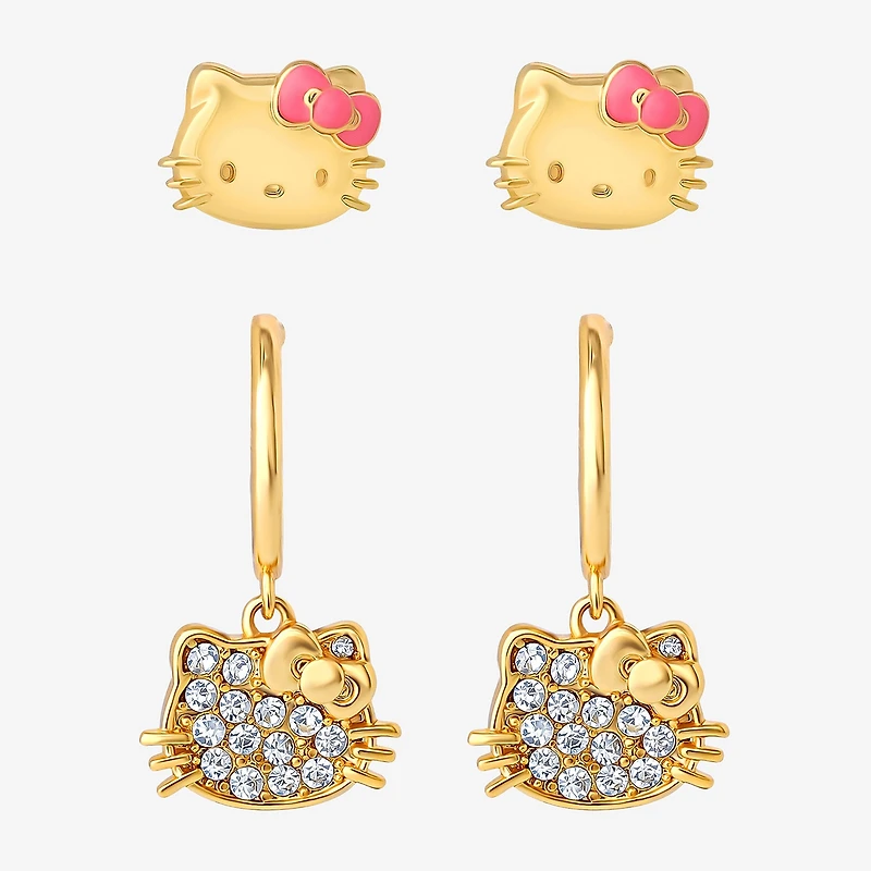 Crystal 18K Gold Over Brass 10.5mm Round Hello Kitty Stud Earrings