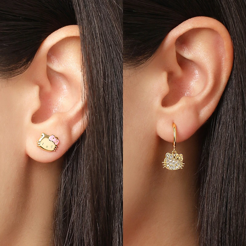 Crystal 18K Gold Over Brass 10.5mm Round Hello Kitty Stud Earrings