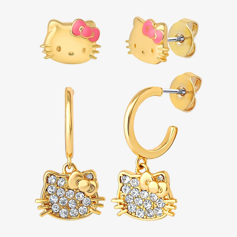 Crystal 18K Gold Over Brass 10.5mm Round Hello Kitty Stud Earrings