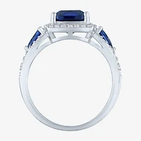 Womens Lab Created Blue Sapphire Sterling Silver Halo Side Stone Cocktail Ring