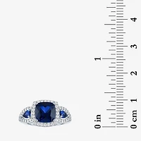 Womens Lab Created Blue Sapphire Sterling Silver Halo Side Stone Cocktail Ring