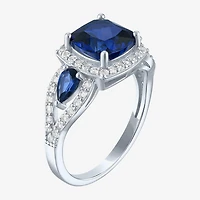 Womens Lab Created Blue Sapphire Sterling Silver Halo Side Stone Cocktail Ring