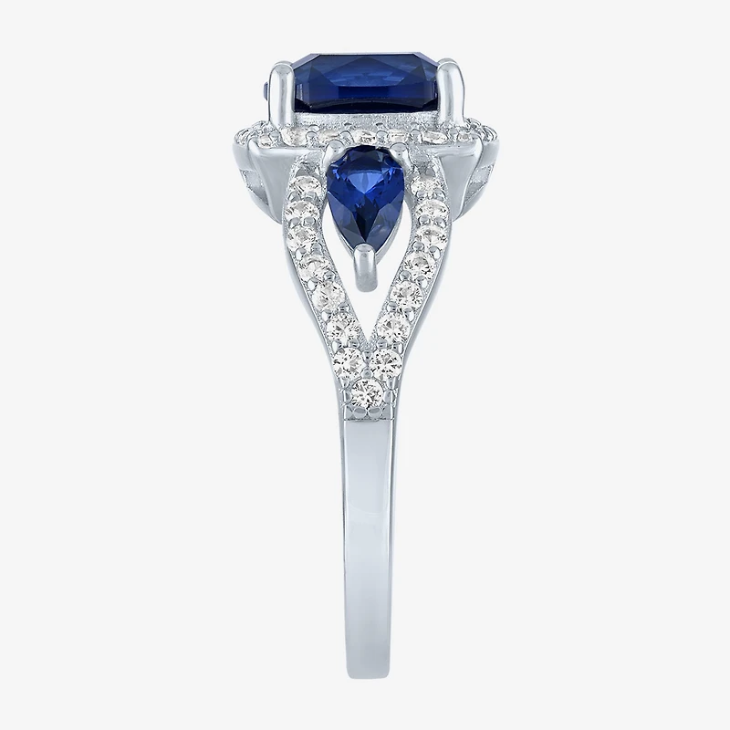 Womens Lab Created Blue Sapphire Sterling Silver Halo Side Stone Cocktail Ring
